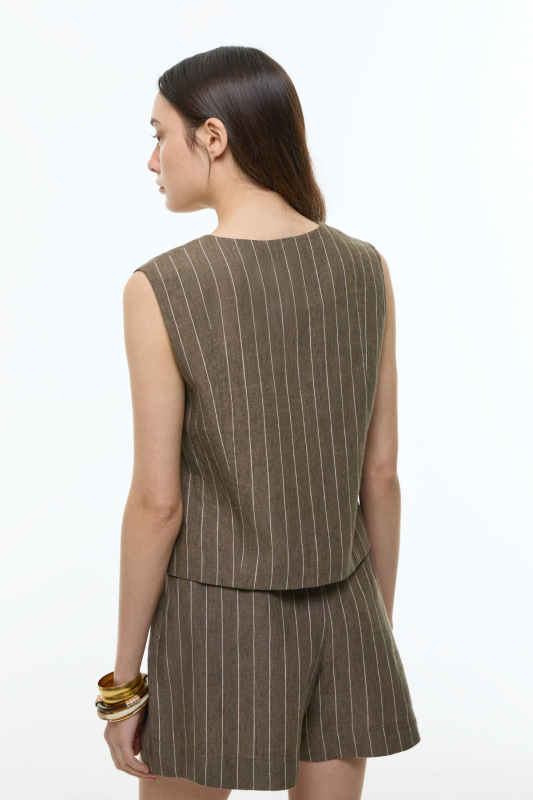 V Yaka Önü Fermuarlı Keten Yelek Haki - Roman (1)