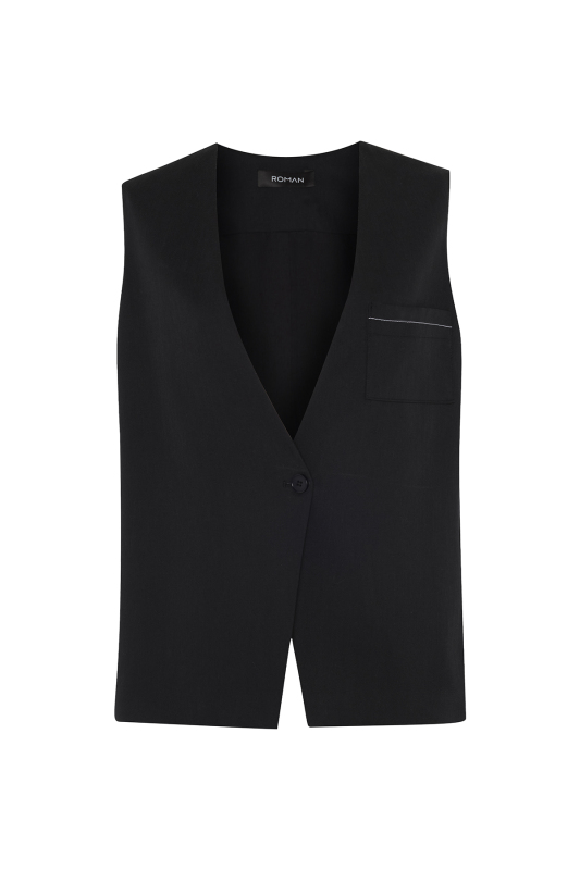 V Yaka Oversize Tek Düğmeli Yelek Lacivert - 4