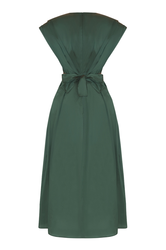 V Yaka Pileli Midi Boy Tafta Elbise Yeşil - 6