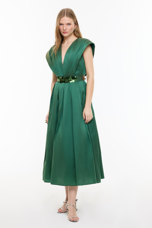 V Yaka Pileli Midi Boy Tafta Elbise Yeşil - Roman