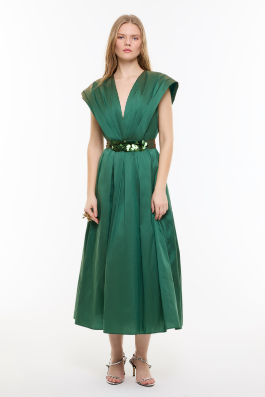 V Yaka Pileli Midi Boy Tafta Elbise Yeşil - 3