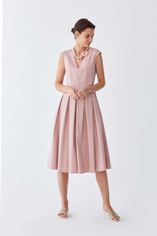 V Yaka Pileli Pudra Uzun Elbise Açık Pembe - 3