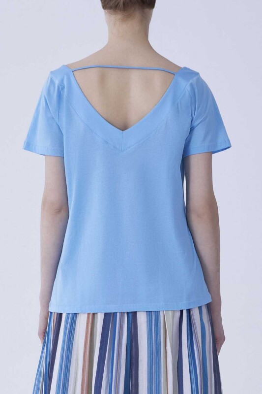 V Yaka Tişört Mavi - 2