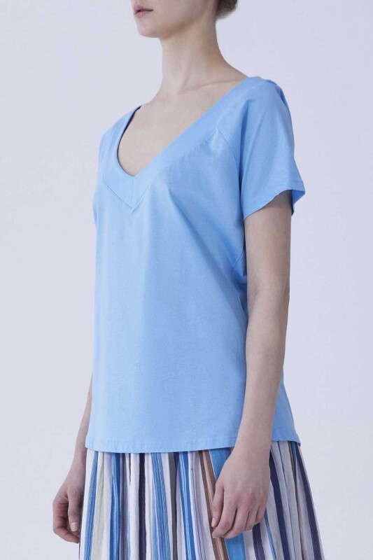 V Yaka Tişört Mavi - 3