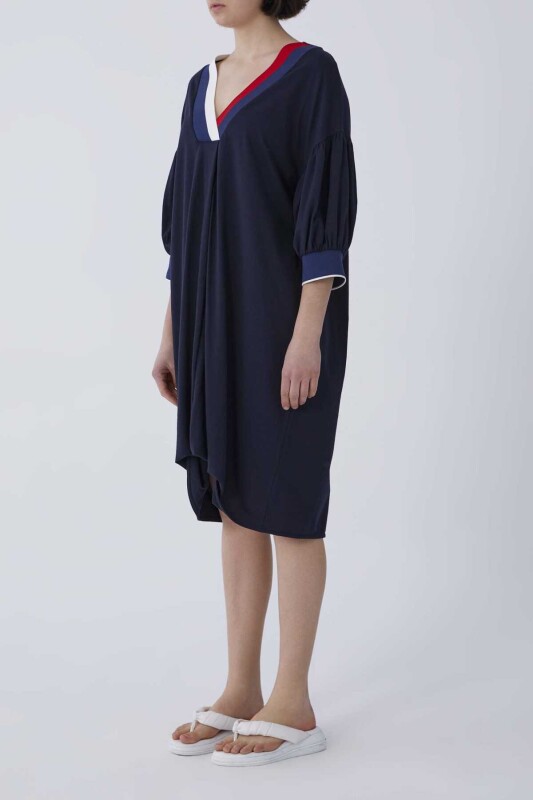 V Yaka Truvakar Kol Penye Elbise Lacivert - 3