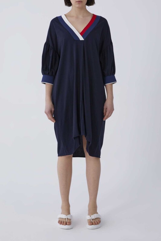 V Yaka Truvakar Kol Penye Elbise Lacivert - 1