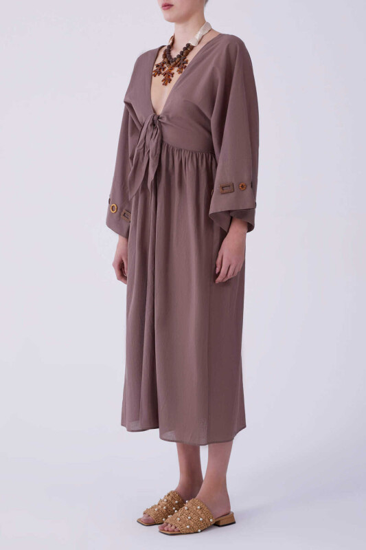 V Yaka Uzun Elbise Kahve - 3