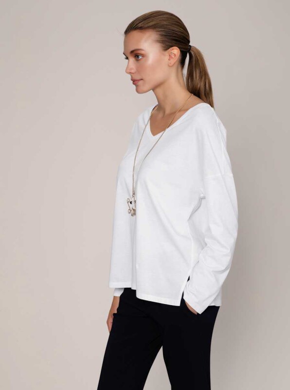 V Yaka Uzun Kol T-Shirt Beyaz - 3