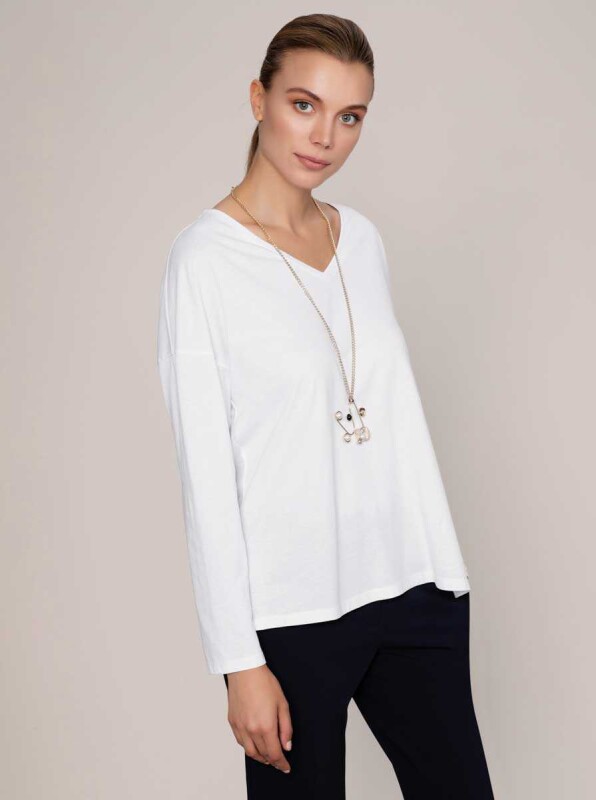 V Yaka Uzun Kol T-Shirt Beyaz - 2