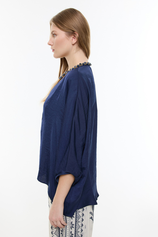 V Yaka Yarasa Kol Gömlek Lacivert - 3