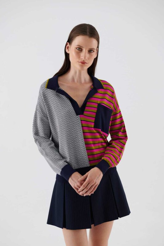  V Yakalı Cepli Triko Standart Renk - 1