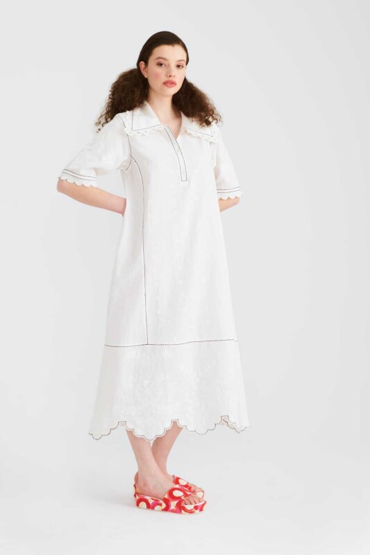 V Yakalı Desenli Günlük Elbise Standart Renk - 3