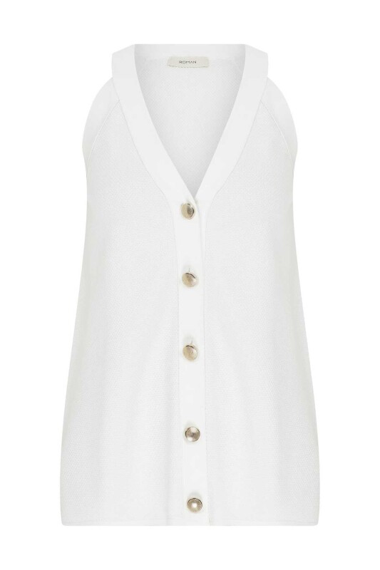  V Yakalı Düğmeli Triko Bluz Beyaz - 4