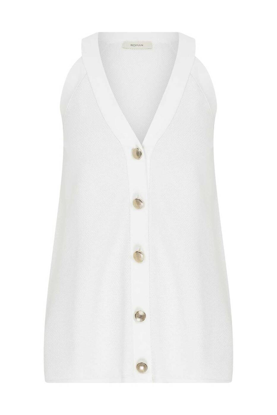  V Yakalı Düğmeli Triko Bluz Beyaz - 4