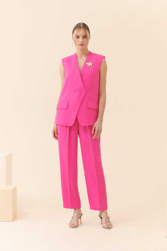 Vatkalı Kruvaze Kadın Yelek Fuşya - 3