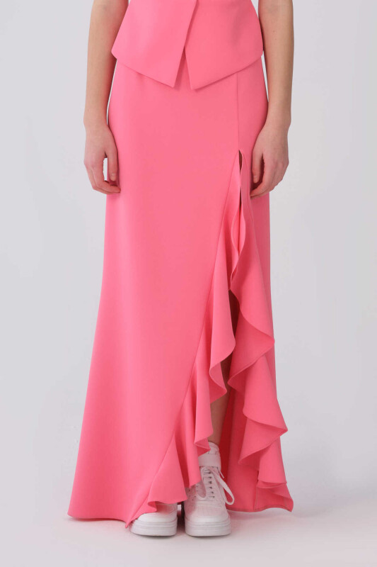 Volan Detaylı Asimetrik Uzun Etek Pembe - 1
