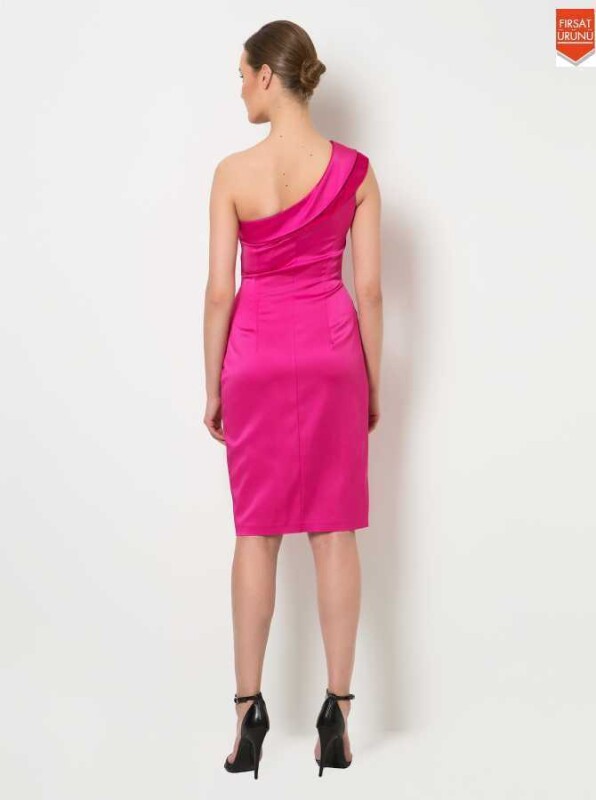 Tek Omuz Midi Boy Elbise Fuşya - 2