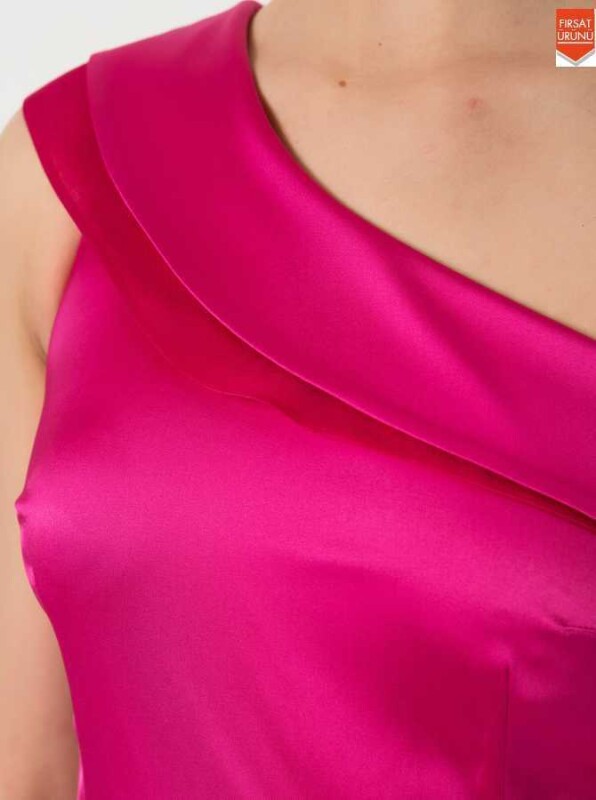 Tek Omuz Midi Boy Elbise Fuşya - 3