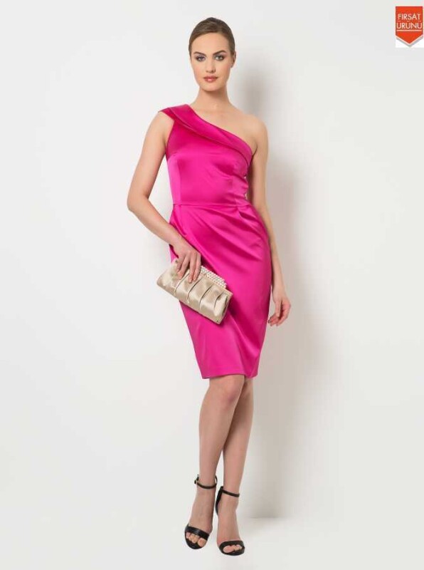 Tek Omuz Midi Boy Elbise Fuşya - 4
