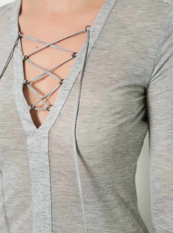 V Yaka İpli Bluz Gri - 3