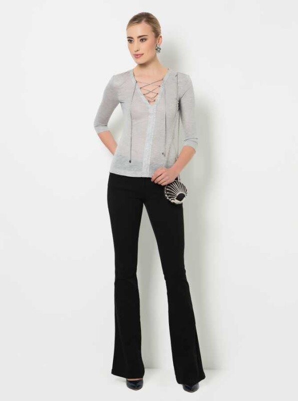 V Yaka İpli Bluz Gri - 4