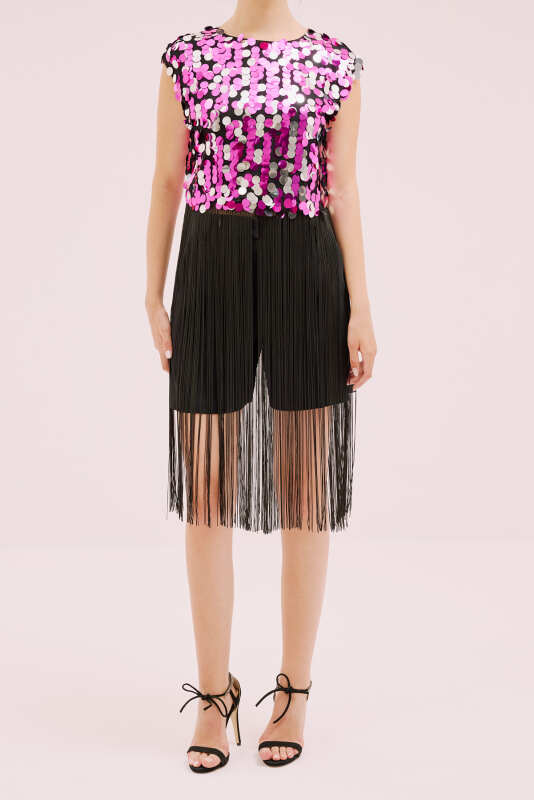 Payetli Püsküllü Bluz Fuşya - 1