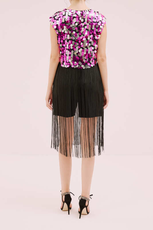 Payetli Püsküllü Bluz Fuşya - 2