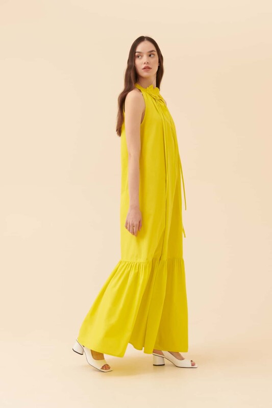 Kolsuz Uzun Elbise Sarı - 4