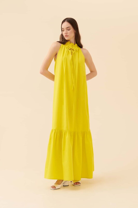 Kolsuz Uzun Elbise Sarı - 5