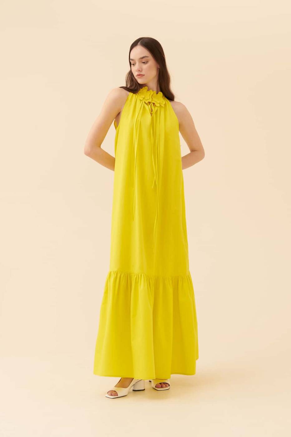 Kolsuz Uzun Elbise Sarı - 5