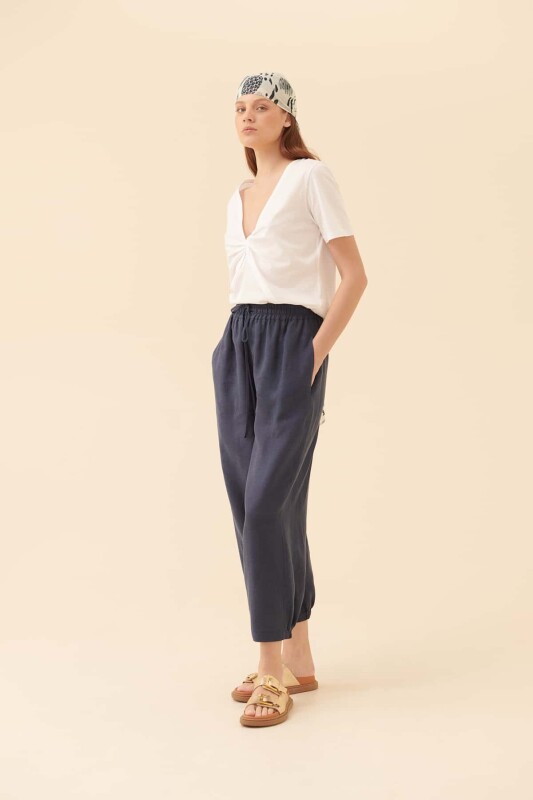 Beli Bağlamalı Kısa Paça Pantolon Lacivert - 3