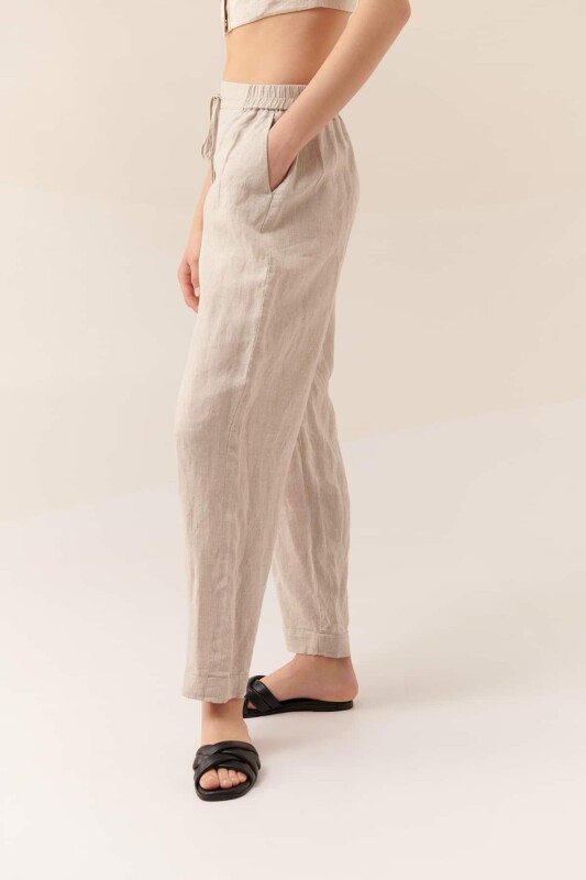 Belden Bağlamalı Cepli Keten Pantolon Naturel - 3