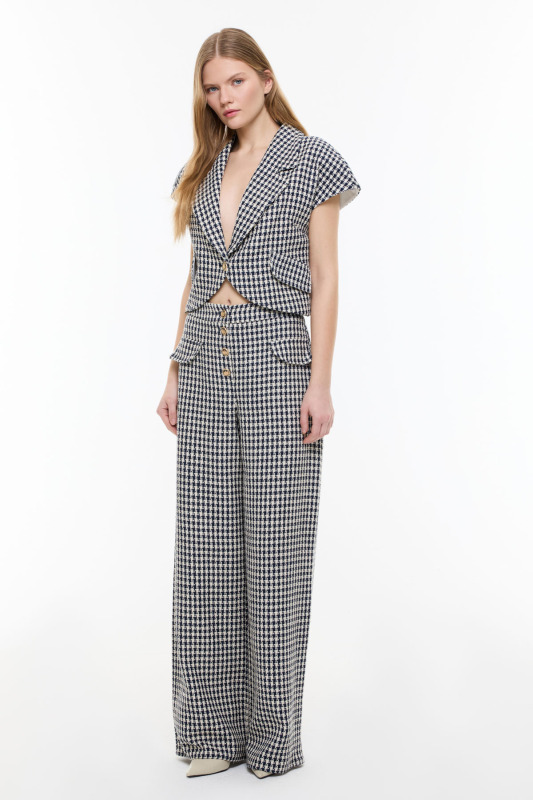 Kazayağı Desenli Geniş Paça Pantolon Lacivert - Beyaz - 1