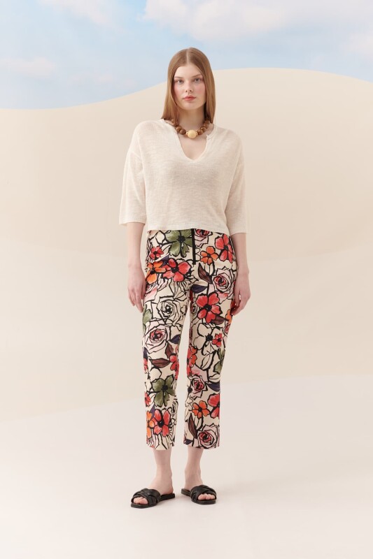 Çiçek Desenli Kısa Paça Pantolon Standart Renk - 1