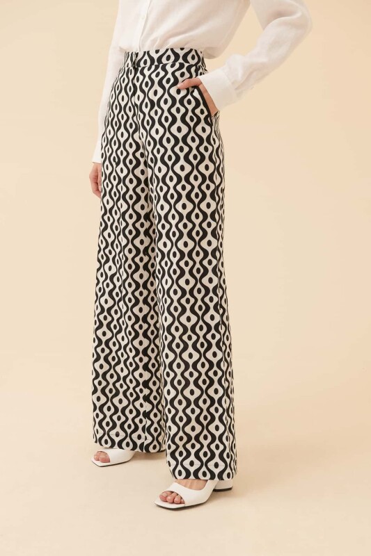 Desenli Geniş Paça Pantolon Siyah-Beyaz - 3