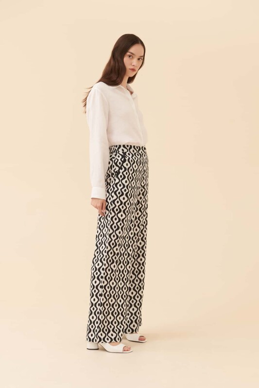 Desenli Geniş Paça Pantolon Siyah-Beyaz - 4