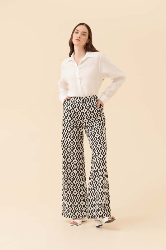Desenli Geniş Paça Pantolon Siyah-Beyaz - 1