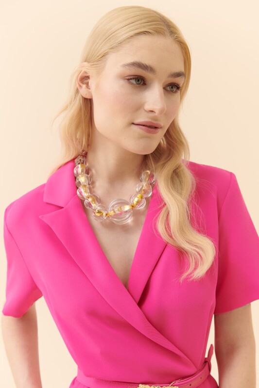 Kemerli Kısa Kollu Tulum Fuşya - 5