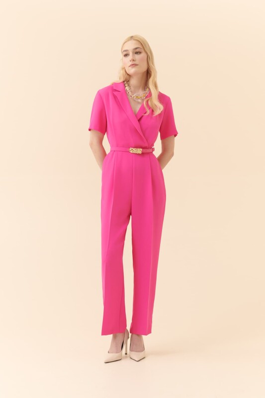 Kemerli Kısa Kollu Tulum Fuşya - 1