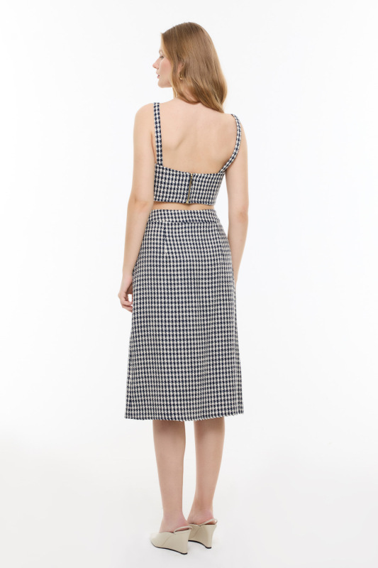 Kazayağı Desenli Midi Boy Etek Lacivert - Beyaz - Roman (1)