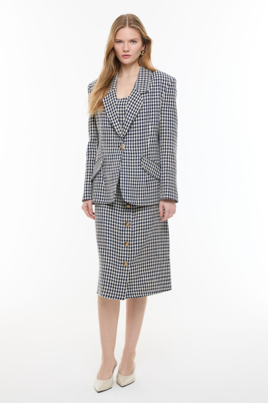 Kazayağı Desenli Midi Boy Etek Lacivert - Beyaz - 5