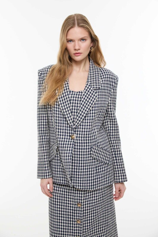 Kazayağı Desenli Kruvaze Ceket Lacivert - Beyaz - Roman