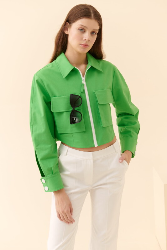 Fermuarlı Cep Detaylı Mont Yeşil - 3