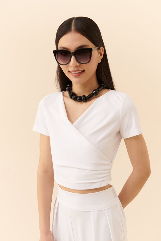 V Yaka Bluz Beyaz - 3