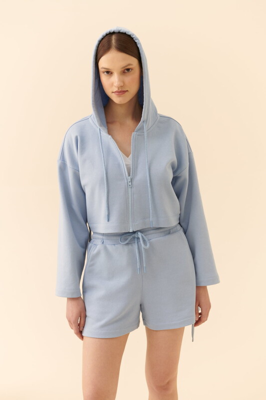 Kapüşonlu Fermuarlı Kısa Boy Sweatshirt Mavi - 1