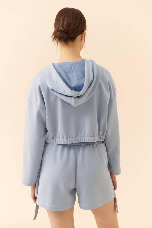 Kapüşonlu Fermuarlı Kısa Boy Sweatshirt Mavi - 2
