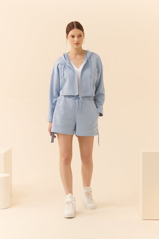 Kapüşonlu Fermuarlı Kısa Boy Sweatshirt Mavi - 3