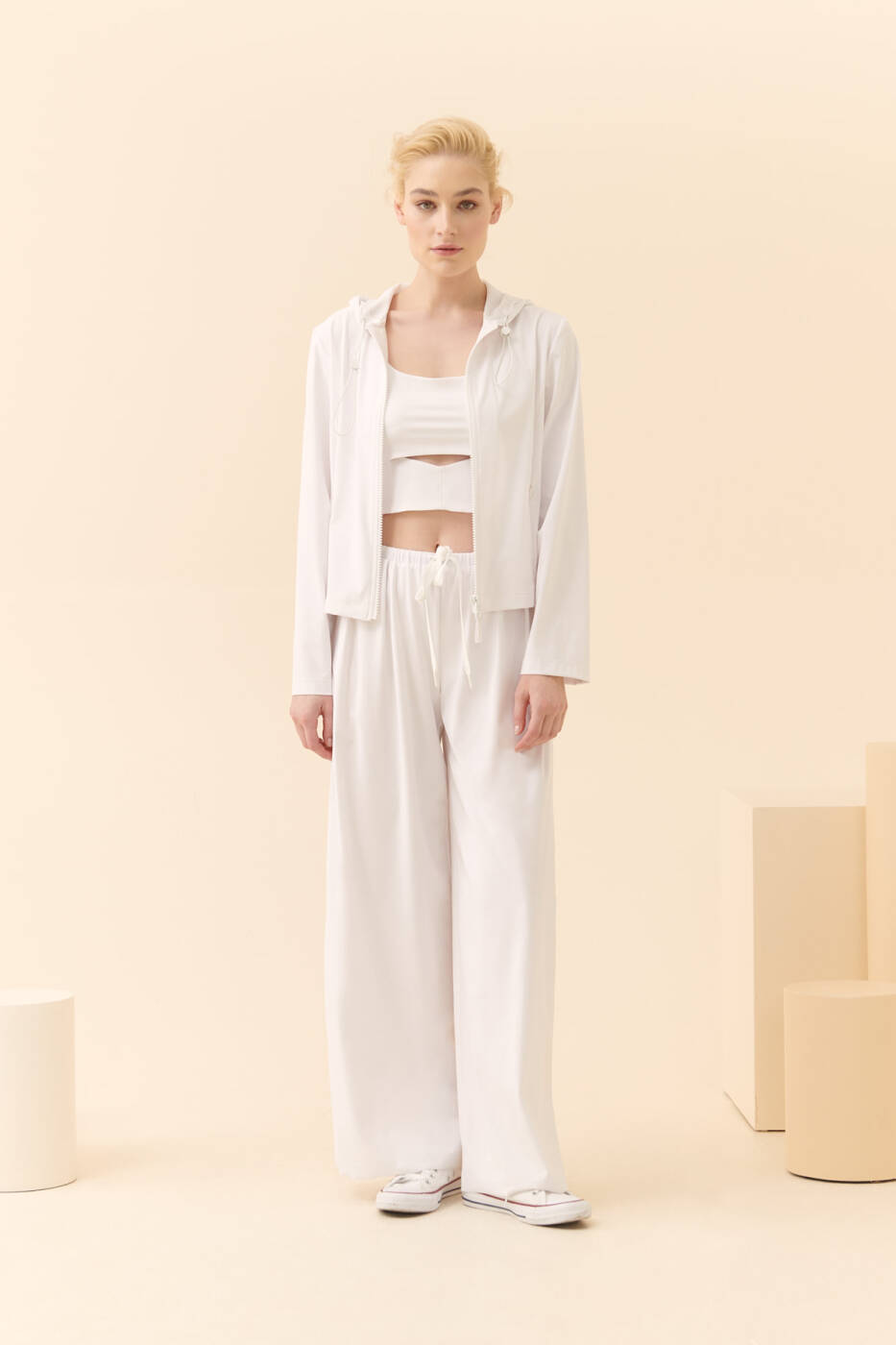 Fermuarlı Kapüşonlu Swatshirt Beyaz - 1