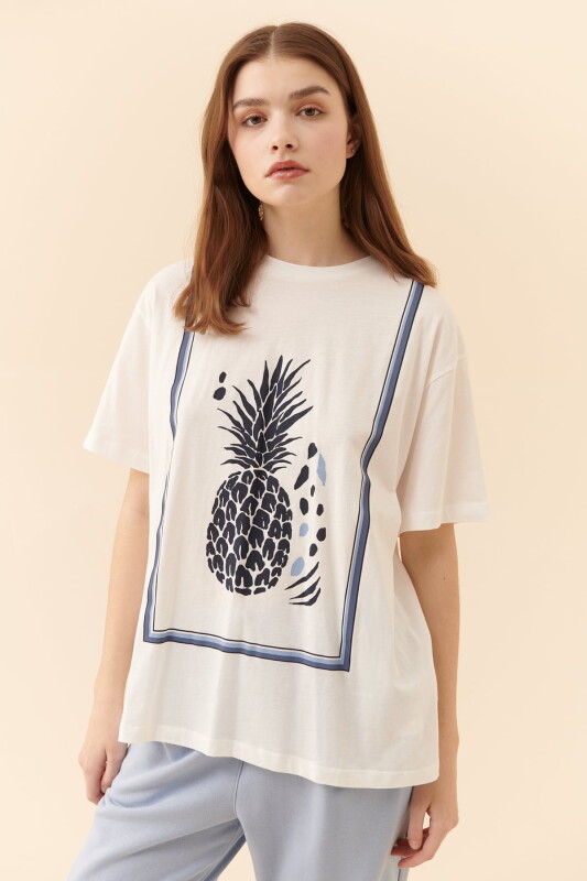 Bisiklet Yaka Baskılı T-Shirt Beyaz 
