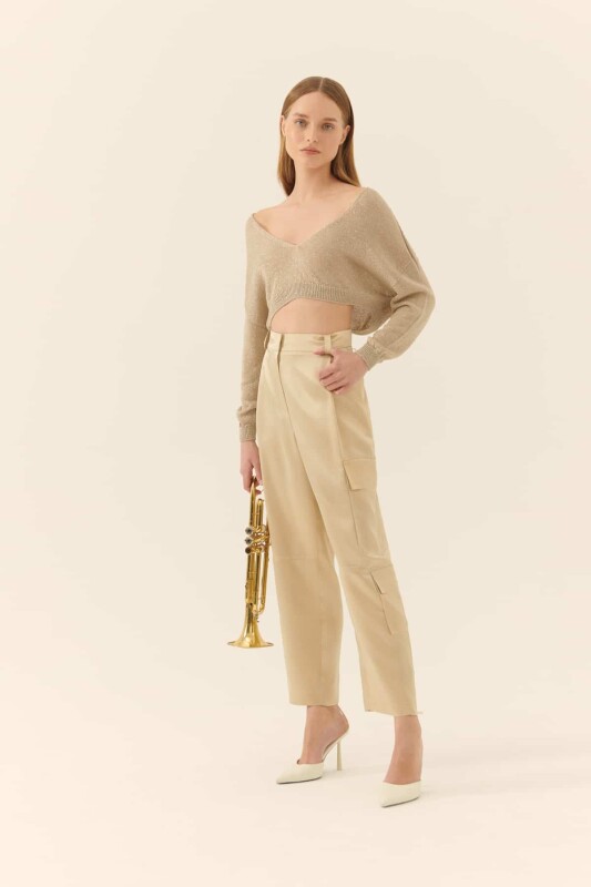 Yakası Geniş Triko Crop Bej - 4
